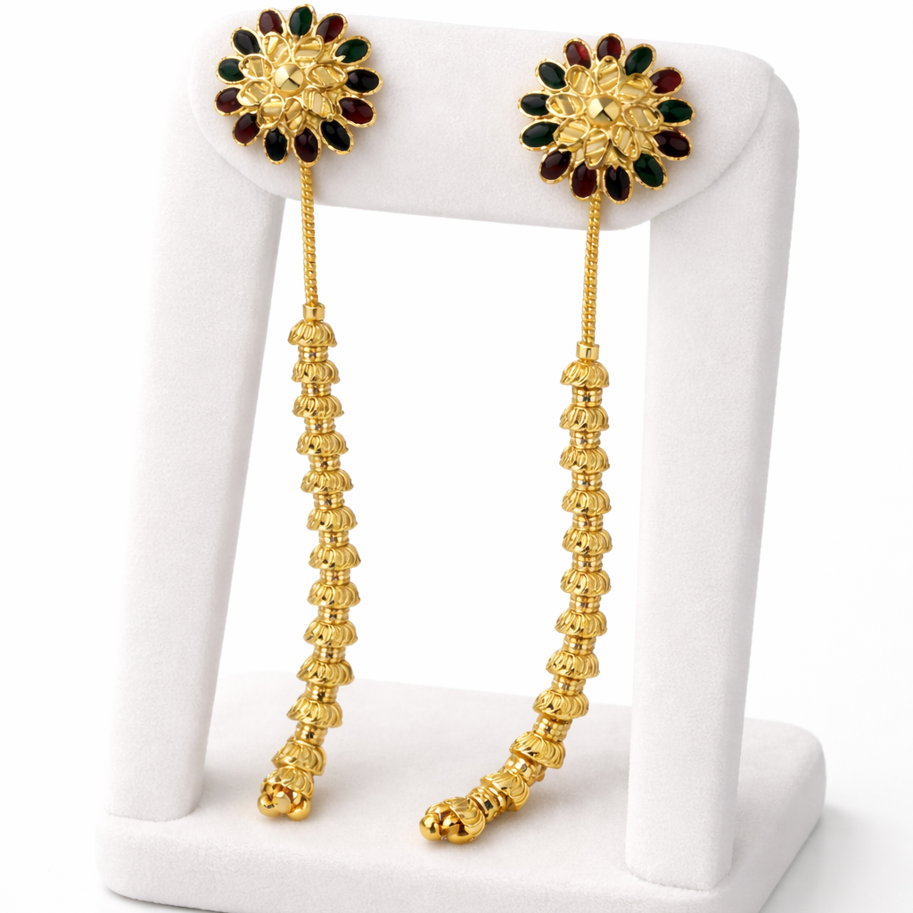Multicolour Floral Bead Long Drop Gold-Tone Earrings