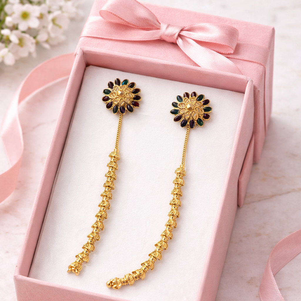 Multicolour Floral Bead Long Drop Gold-Tone Earrings