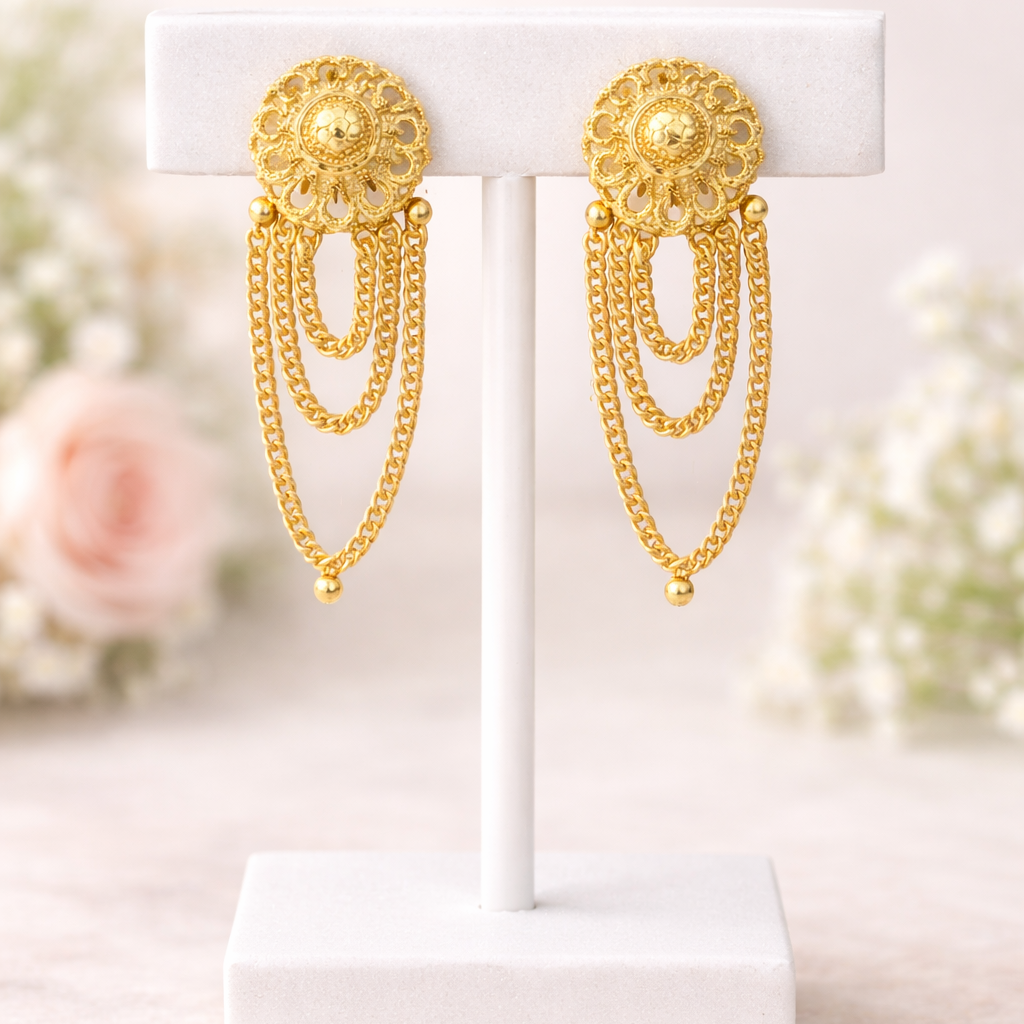 Floral Medallion Chain Drop Gold-Tone Earrings