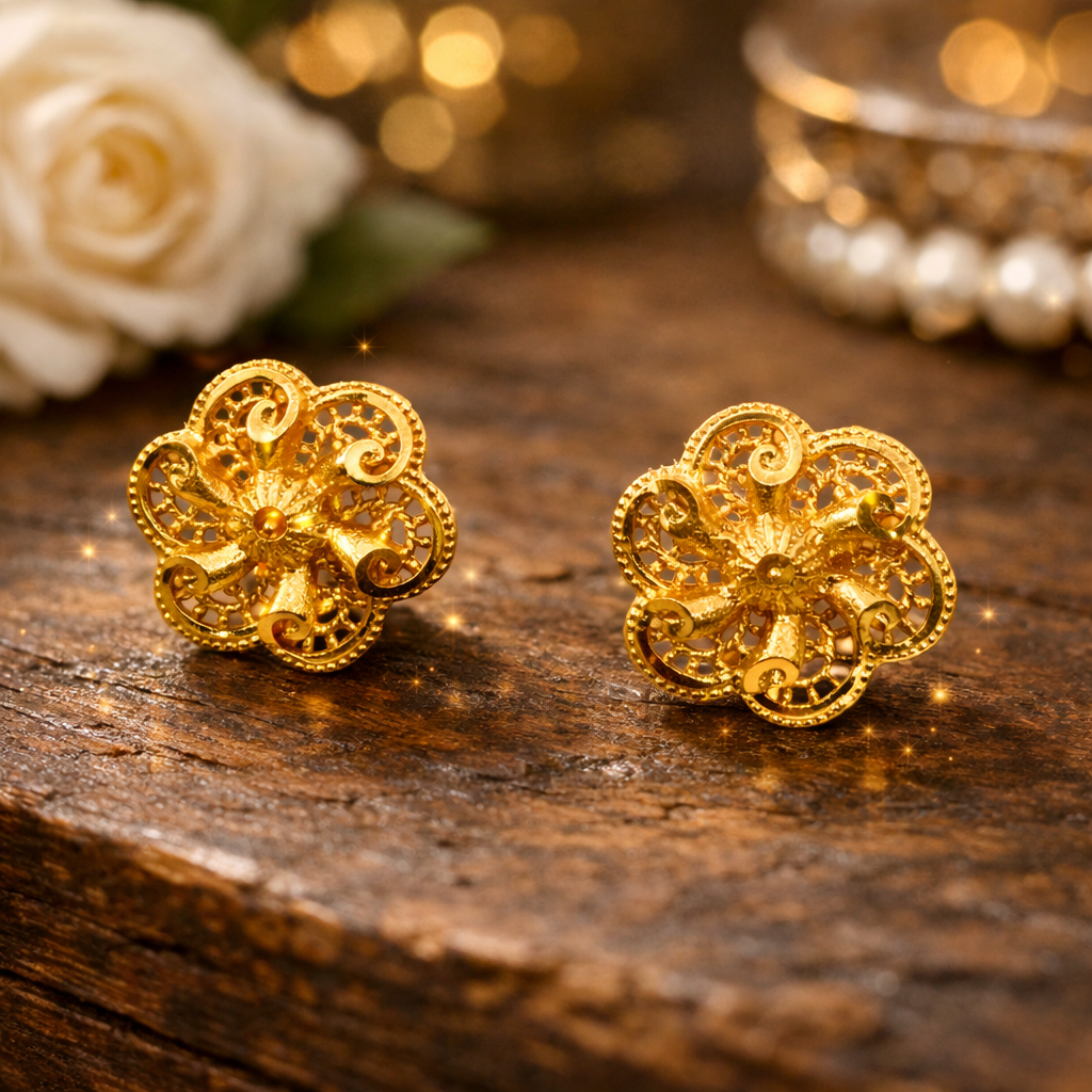 Elegant Floral Filigree Gold-Tone Stud Earrings