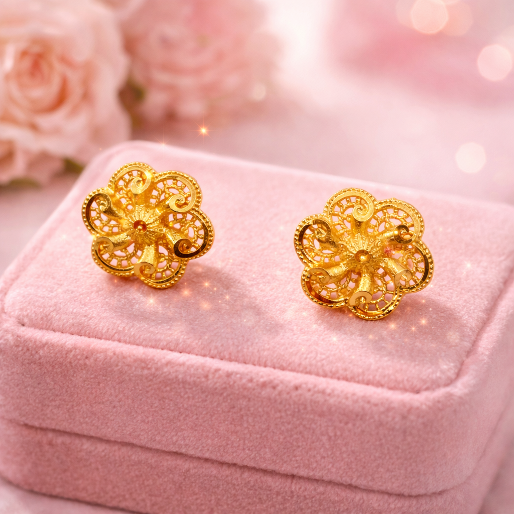 Elegant Floral Filigree Gold-Tone Stud Earrings