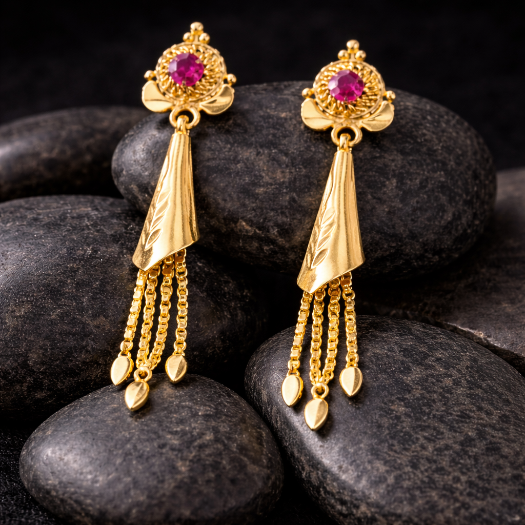 Ruby Accent Tassel Gold-Tone Drop Earrings