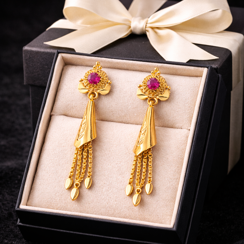 Ruby Accent Tassel Gold-Tone Drop Earrings