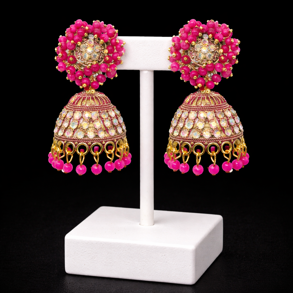 Royal Pink Beaded Kundan Jhumka