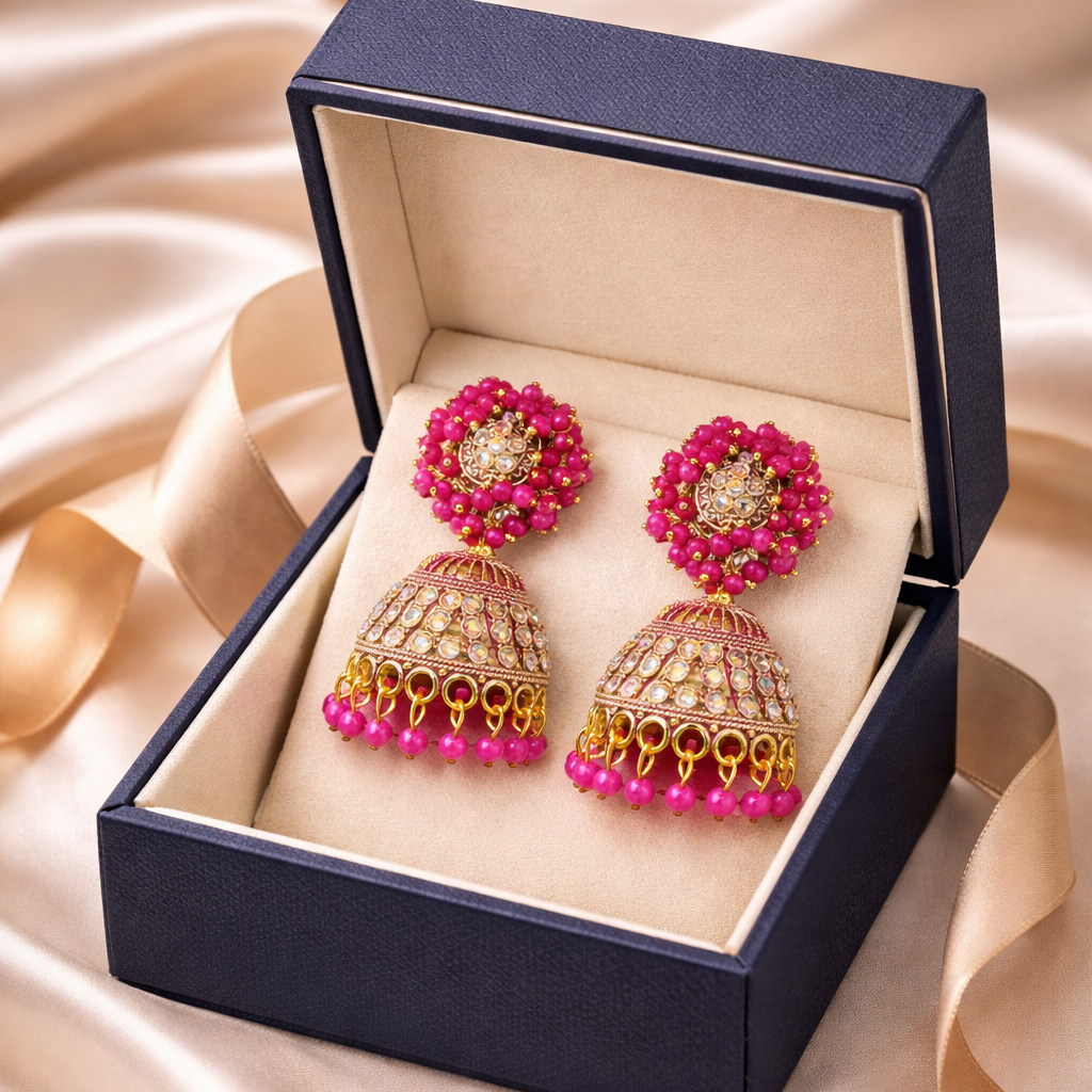 Royal Pink Beaded Kundan Jhumka