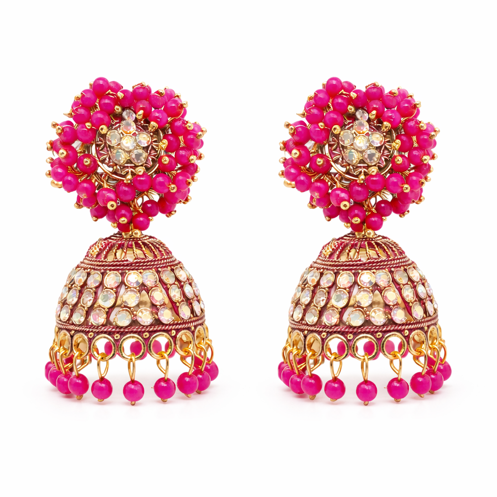 Royal Pink Beaded Kundan Jhumka