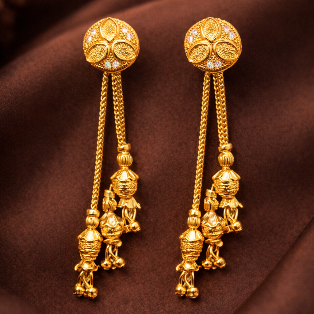 Classic Temple Style Long Drop Gold-Tone Earrings