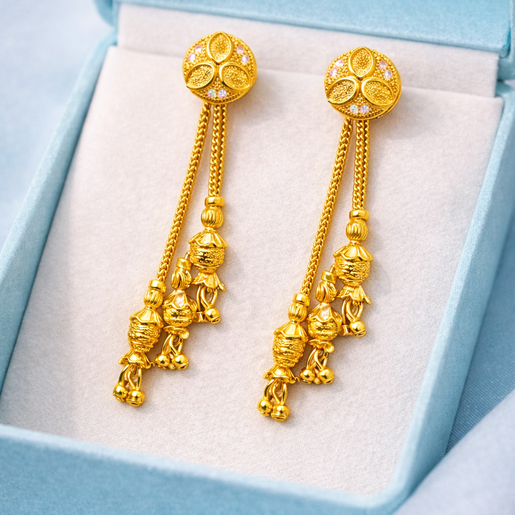 Classic Temple Style Long Drop Gold-Tone Earrings