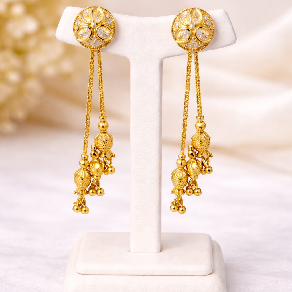 Classic Temple Style Long Drop Gold-Tone Earrings
