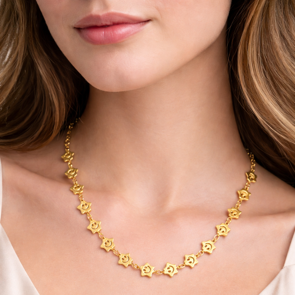 Gold-Tone Smiley Star Charm Chain