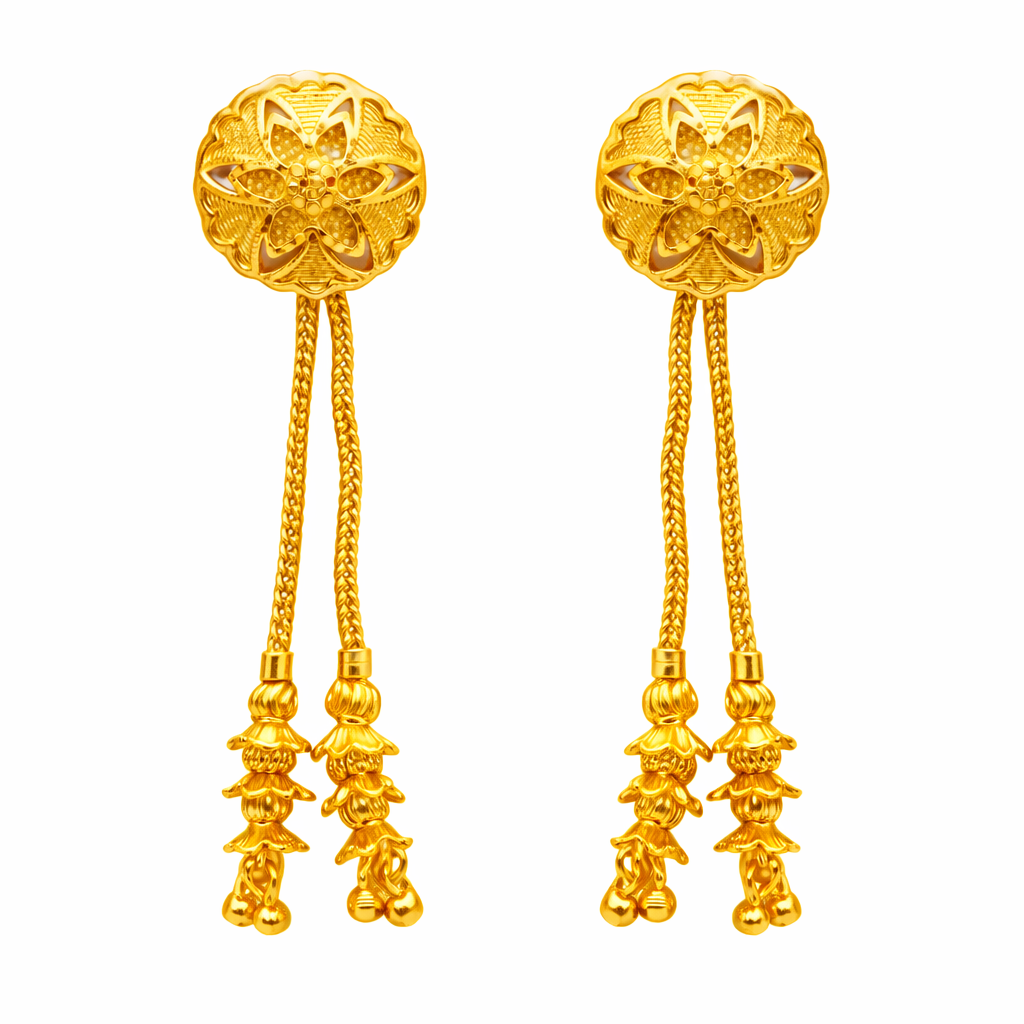 Floral Motif Long Chain Gold-Tone Drop Earrings