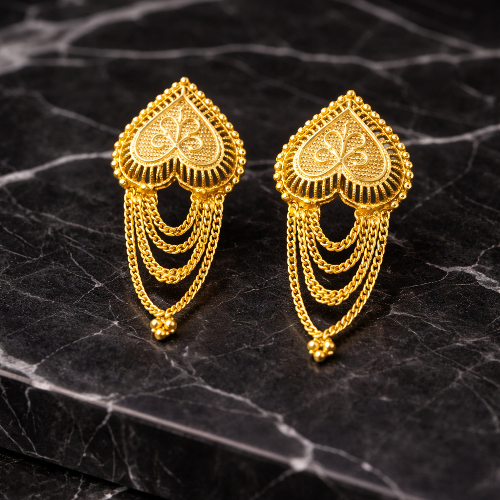 Royal Heart Motif Chain Drop Gold-Tone Earrings