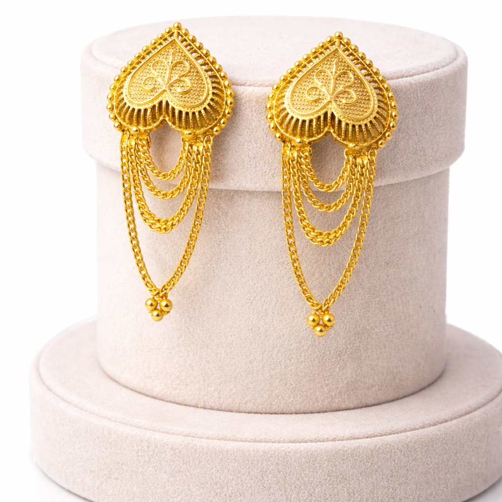Royal Heart Motif Chain Drop Gold-Tone Earrings