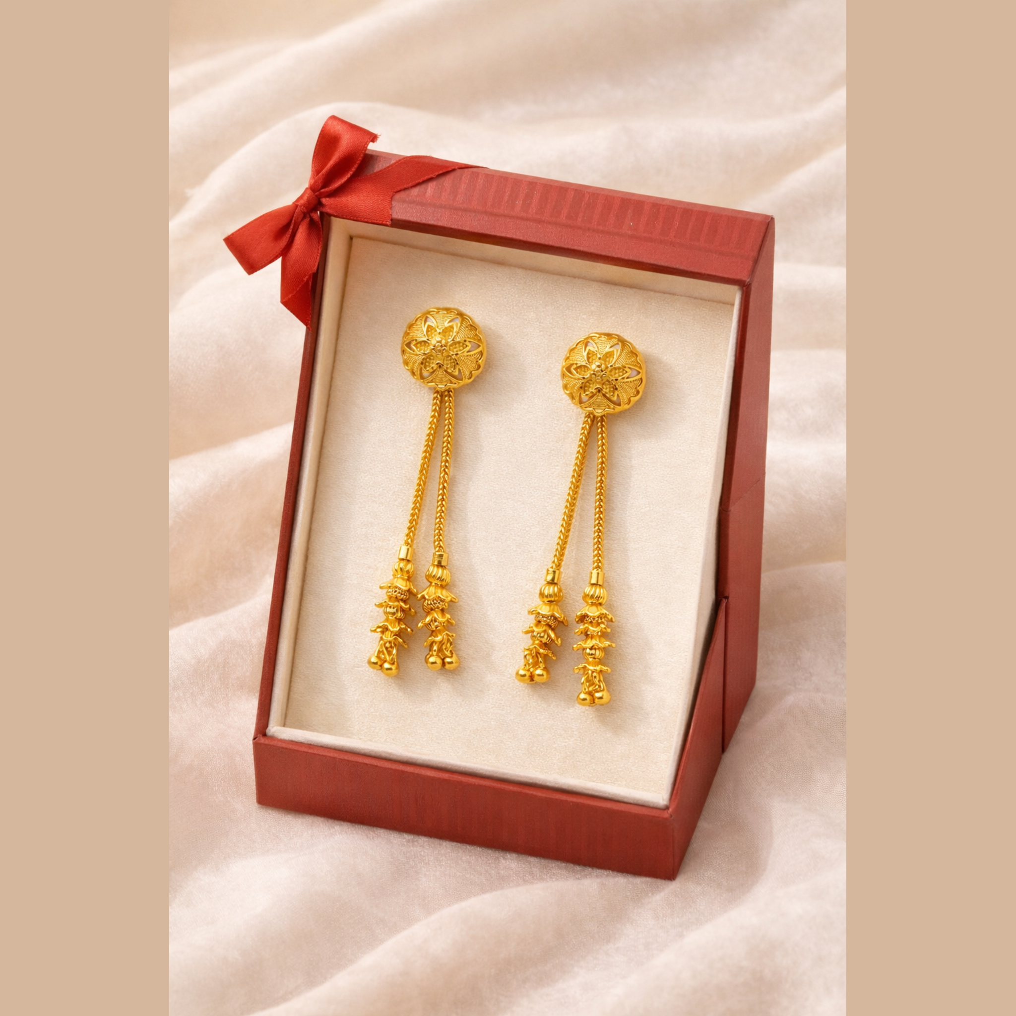 Floral Motif Long Chain Gold-Tone Drop Earrings