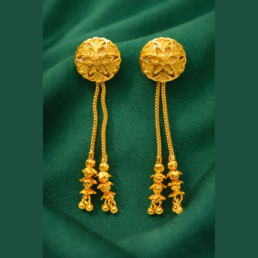 Floral Motif Long Chain Gold-Tone Drop Earrings