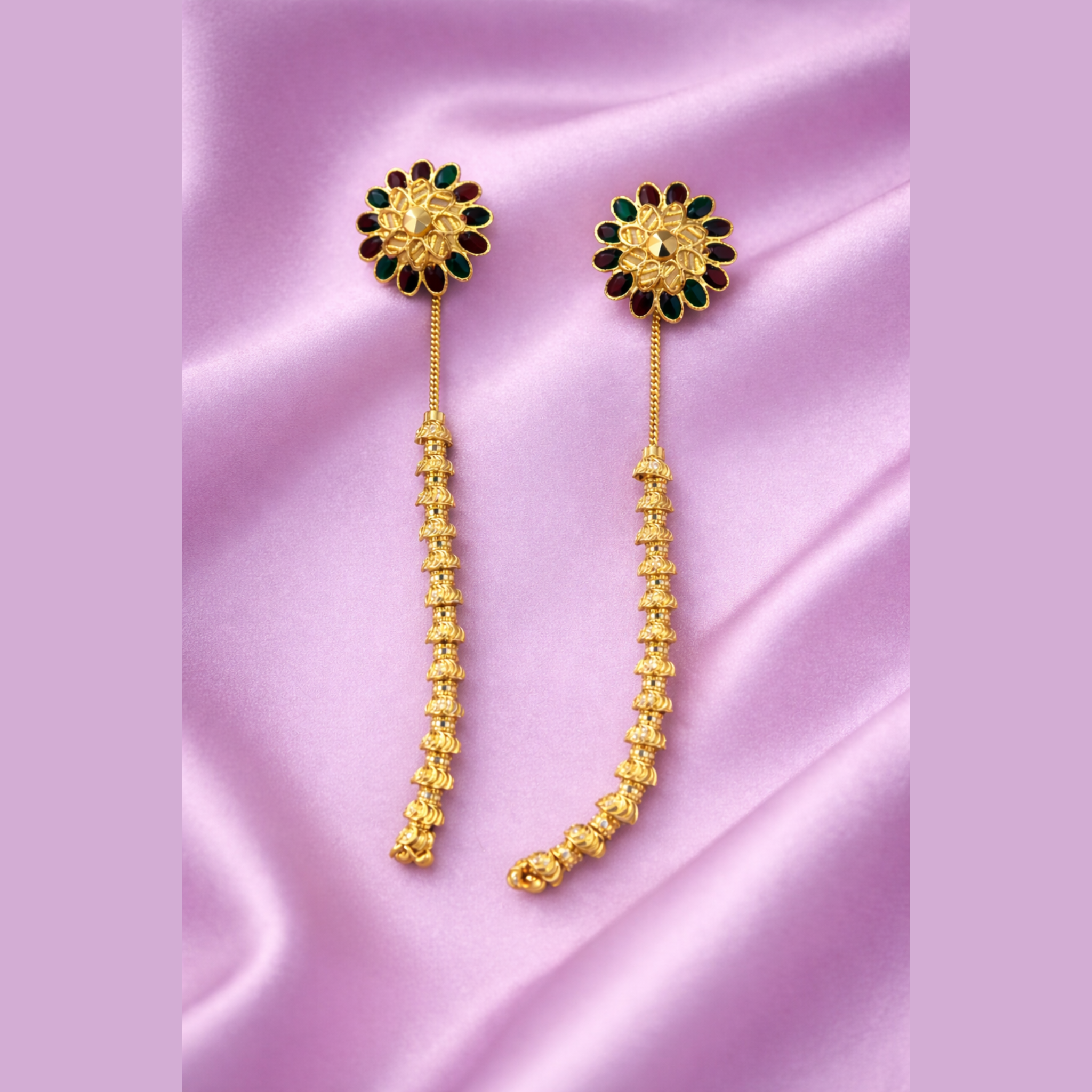 Multicolour Floral Bead Long Drop Gold-Tone Earrings