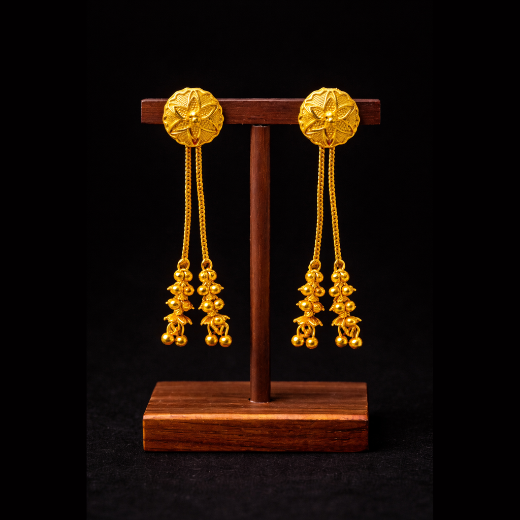 Floral Motif Long Chain Gold-Tone Drop Earrings